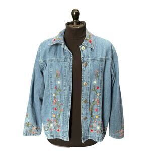 VTG Bobbie Brooks Women Shirt Jacket Sz M Blue Denim Button Up Floral Embroidery